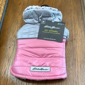 Eddie Bauer Pink/Gray Puffer Dog Jacket. Size XS. Length 7-9”. Weight 4-12 lbs.